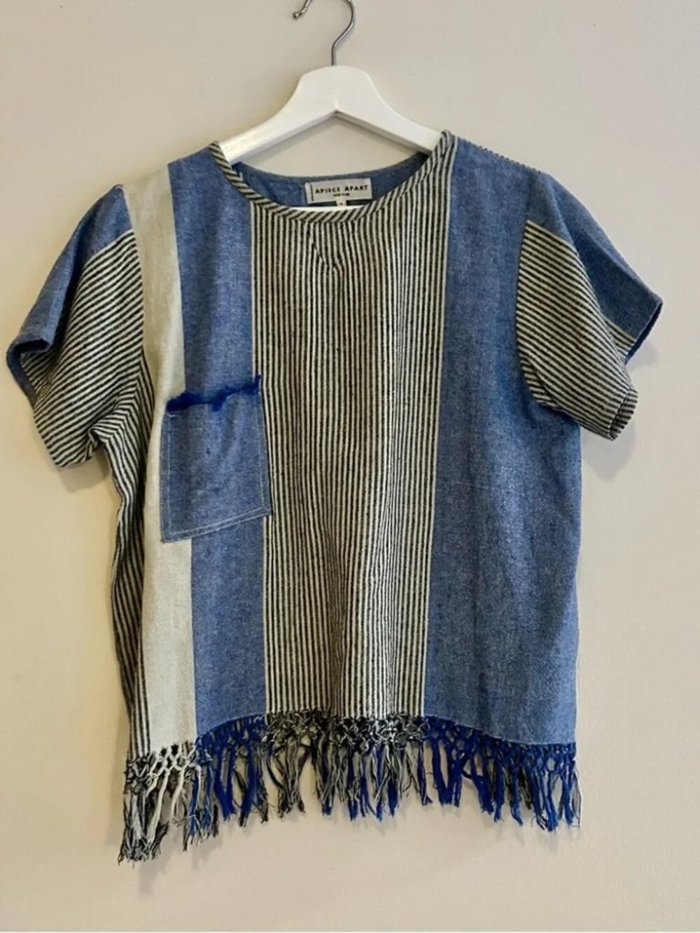 Apiece Apart Top Navy Blue White Stripe Boho Fringe Silk Contrast Short Sleeve